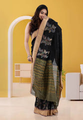 Black Tussar Silk with Embroidery Work Saree with Blouse Piece - Adi Akshoy & Co.
