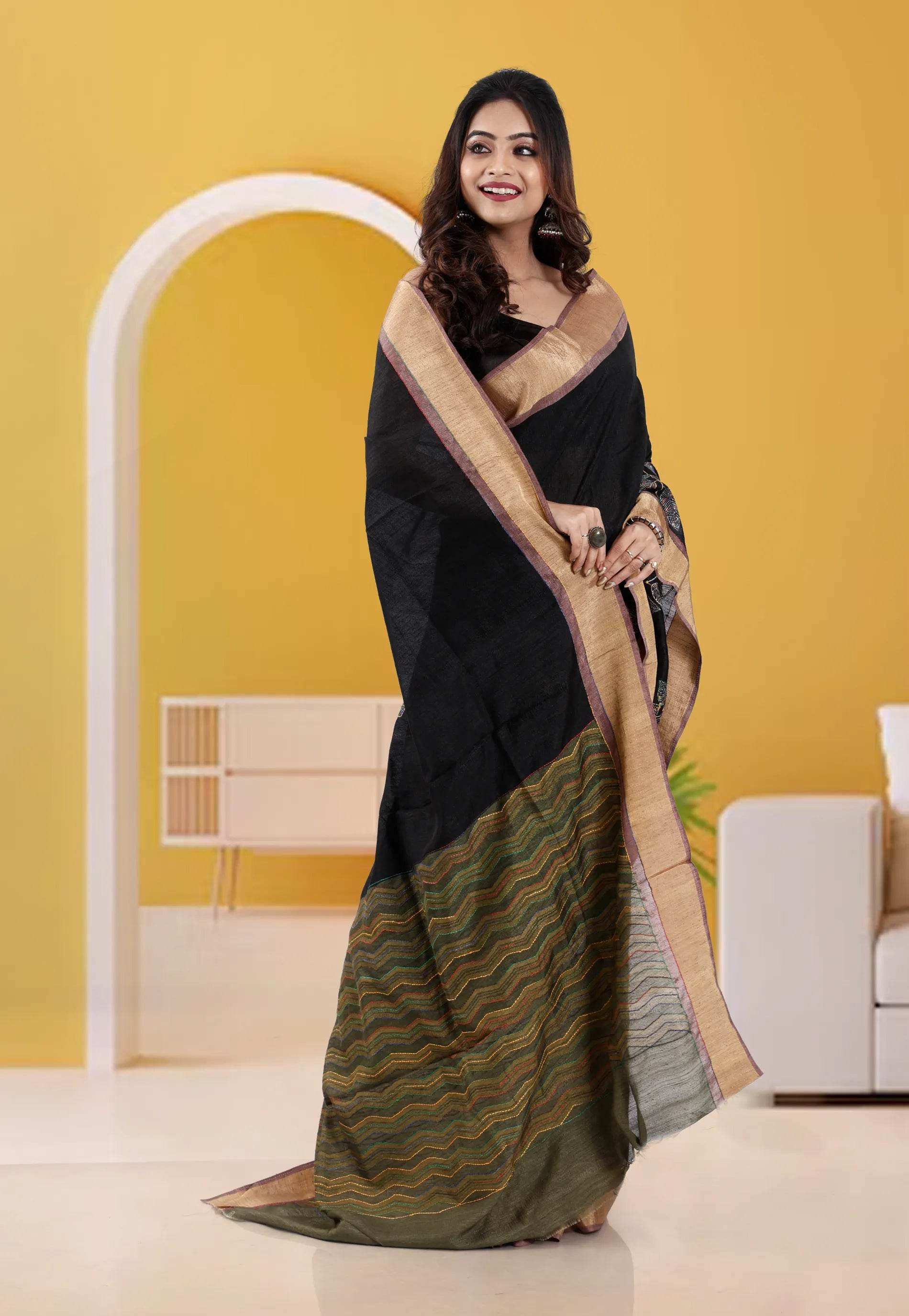 Black Tussar Silk with Embroidery Work Saree with Blouse Piece - Adi Akshoy & Co.