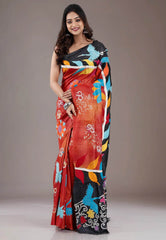 Rust Colour Pure Tussar Silk Kantha Saree With Blouse Piece - Adi Akshoy & Co.