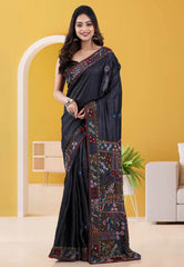Black Colour Pure Tussar Silk Kantha Saree With Blouse Piece - Adi Akshoy & Co.