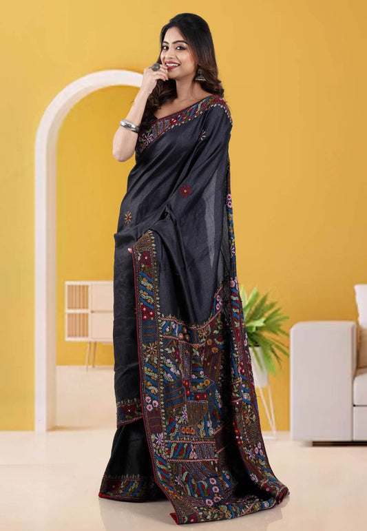 Black Colour Pure Tussar Silk Kantha Saree With Blouse Piece - Adi Akshoy & Co.
