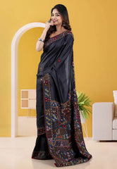 Black Colour Pure Tussar Silk Kantha Saree With Blouse Piece - Adi Akshoy & Co.