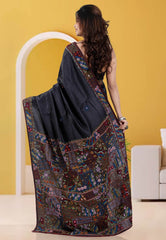 Black Colour Pure Tussar Silk Kantha Saree With Blouse Piece - Adi Akshoy & Co.