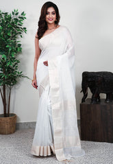 White Sico Handloom Saree With Blouse Piece - Adi Akshoy & Co.