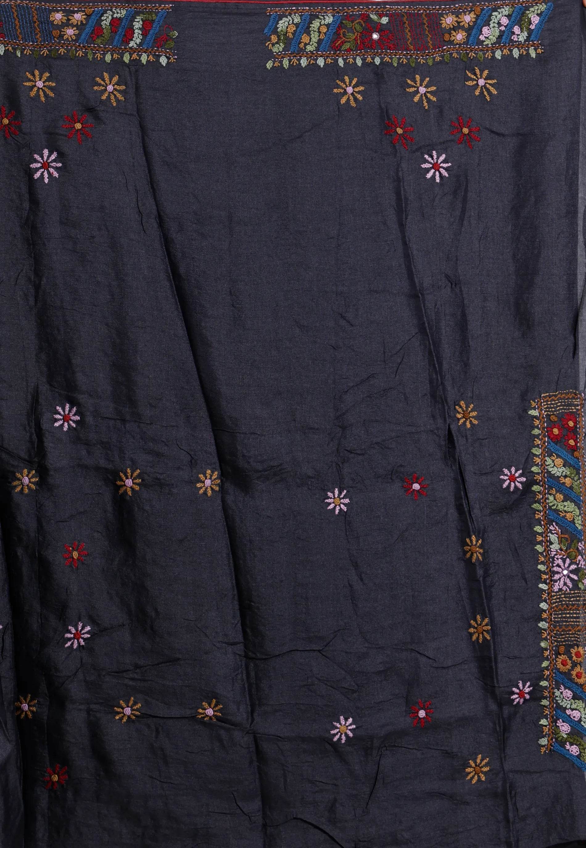 Black Colour Pure Tussar Silk Kantha Saree With Blouse Piece - Adi Akshoy & Co.