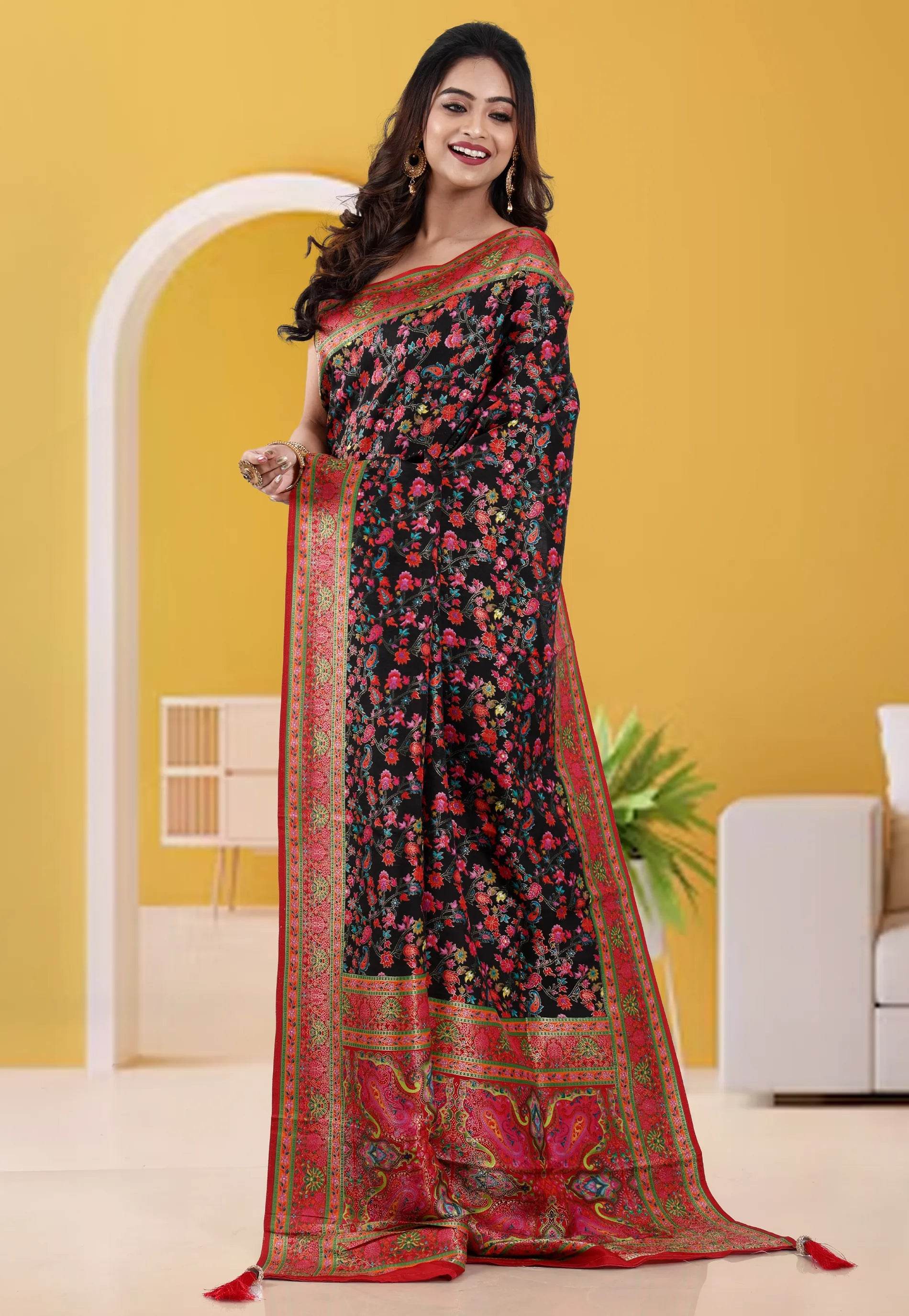 Black Kani Silk Saree With Blouse Piece - Adi Akshoy & Co.