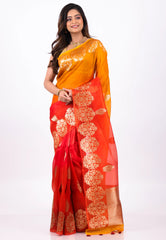 Orange Kora Pure Silk Saree With Blouse Piece - Adi Akshoy & Co.