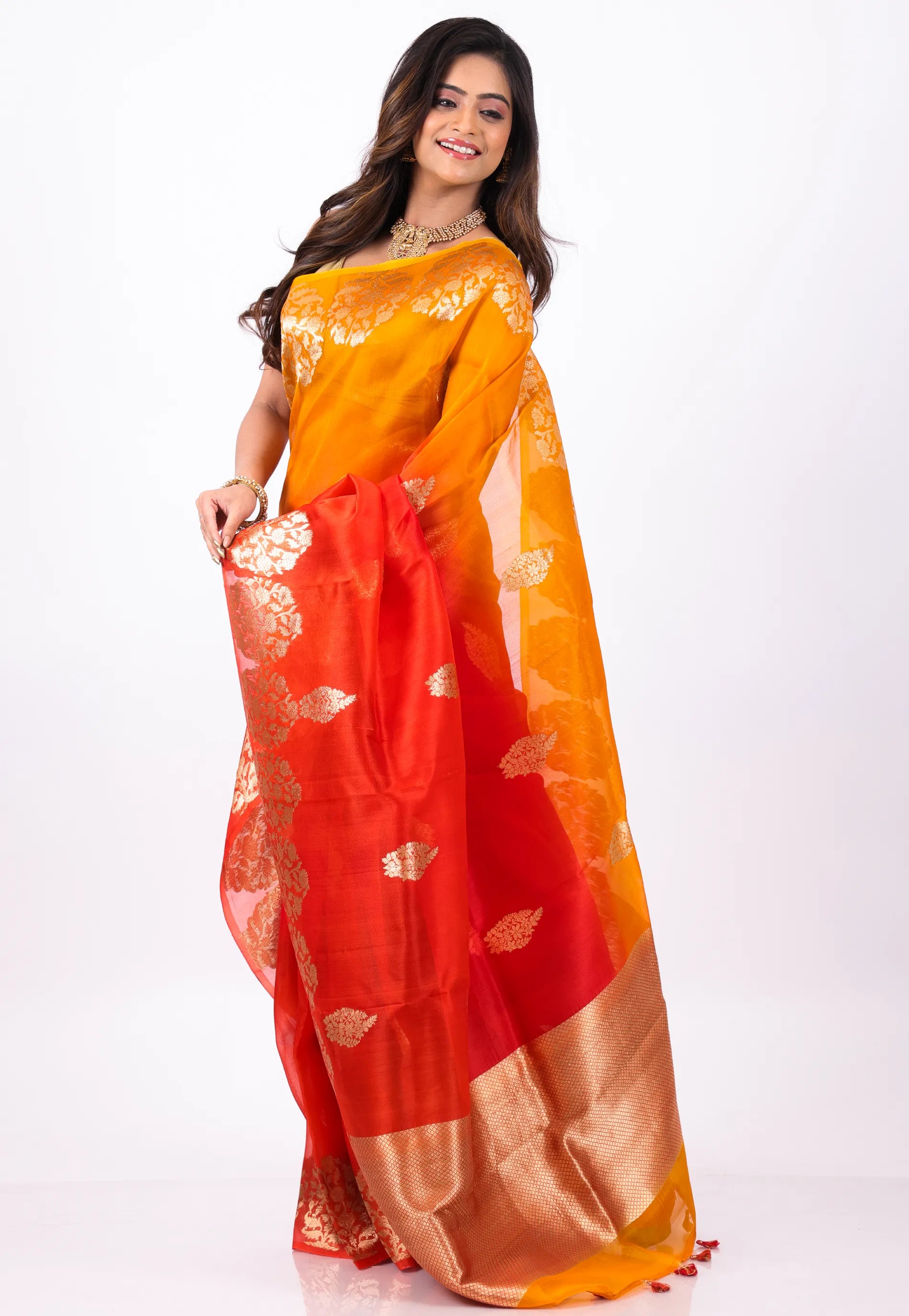 Orange Kora Pure Silk Saree With Blouse Piece - Adi Akshoy & Co.