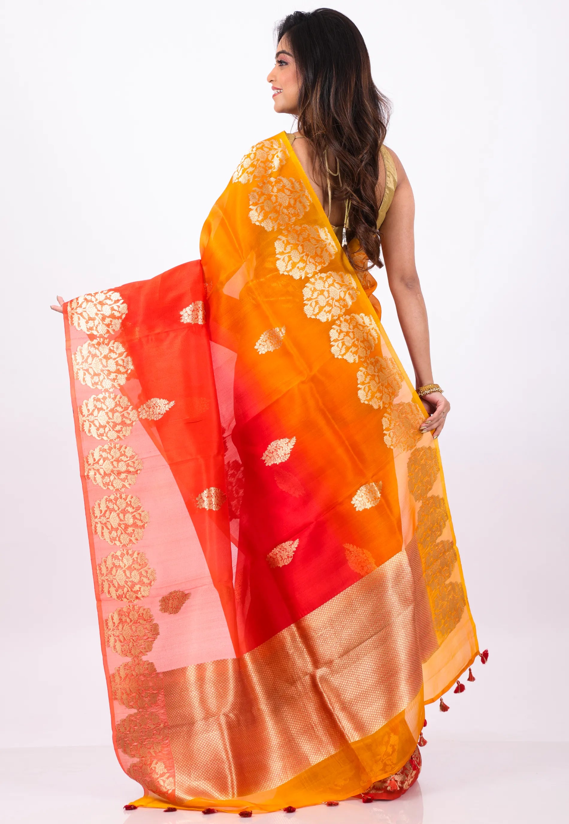 Orange Kora Pure Silk Saree With Blouse Piece - Adi Akshoy & Co.