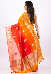 Orange Kora Pure Silk Saree With Blouse Piece - Adi Akshoy & Co.