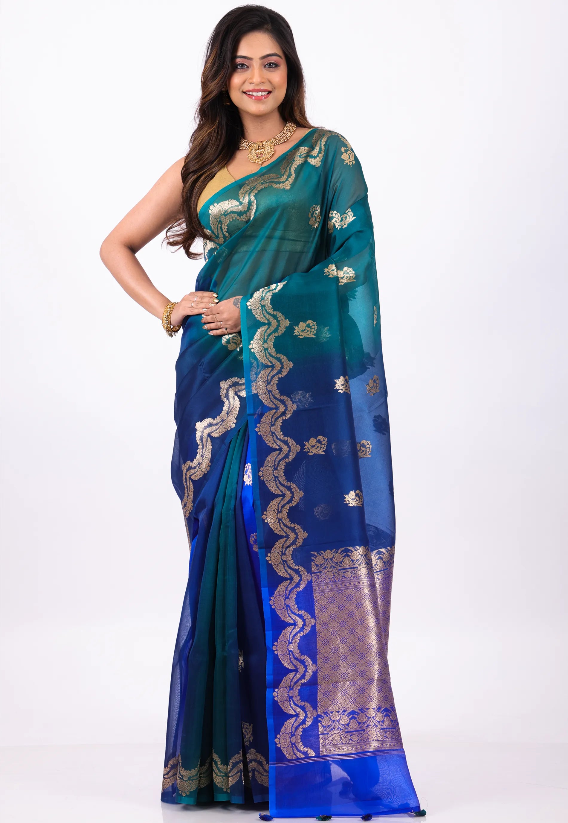 Dual Shades of Blue & Rama Green Pure Kora Silk Saree With Blouse Piece - Adi Akshoy & Co.
