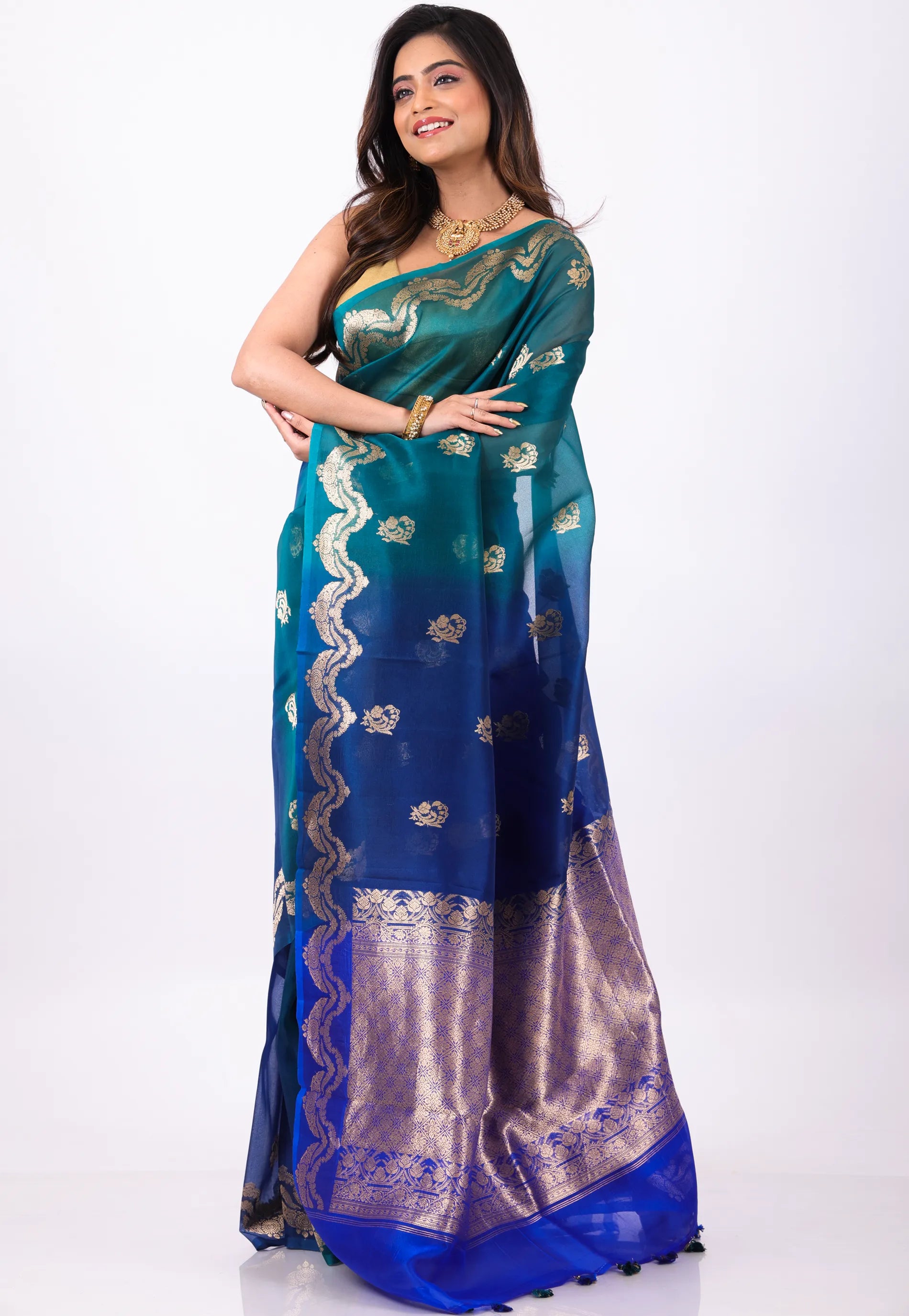 Dual Shades of Blue & Rama Green Pure Kora Silk Saree With Blouse Piece - Adi Akshoy & Co.