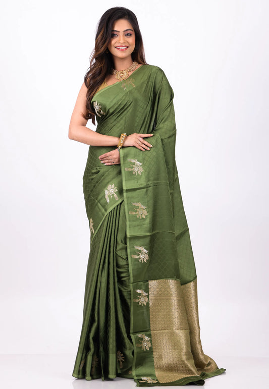 Bottle Green Mashru Silk Saree with blouse Piece - Adi Akshoy & Co.
