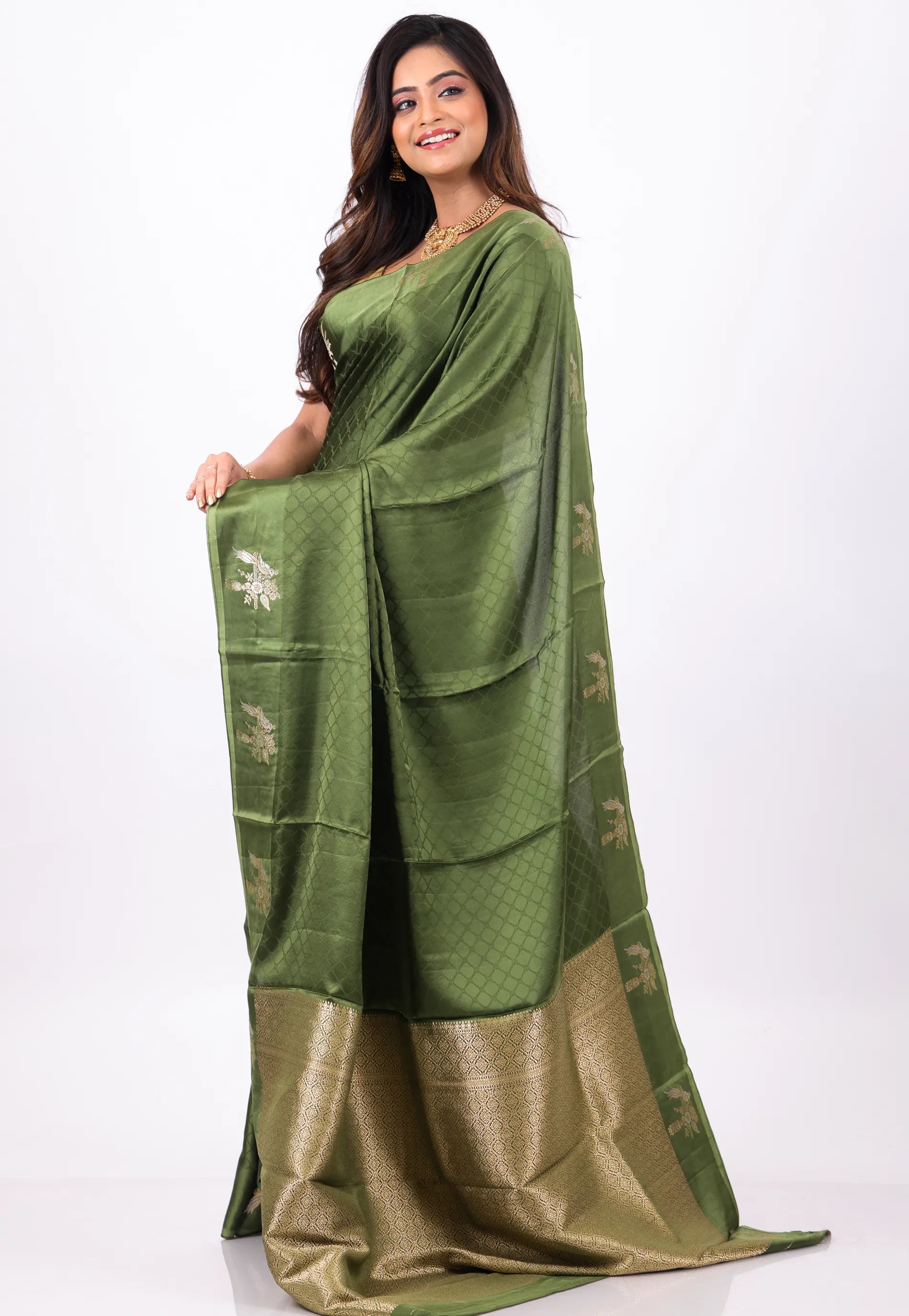 Bottle Green Mashru Silk Saree with blouse Piece - Adi Akshoy & Co.