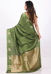 Bottle Green Mashru Silk Saree with blouse Piece - Adi Akshoy & Co.