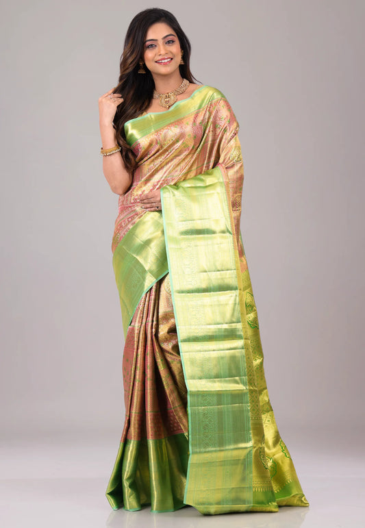 Pink with Green Border Pure Tissue Kanjivaram Silk Saree With Blouse Piece - Adi Akshoy & Co.