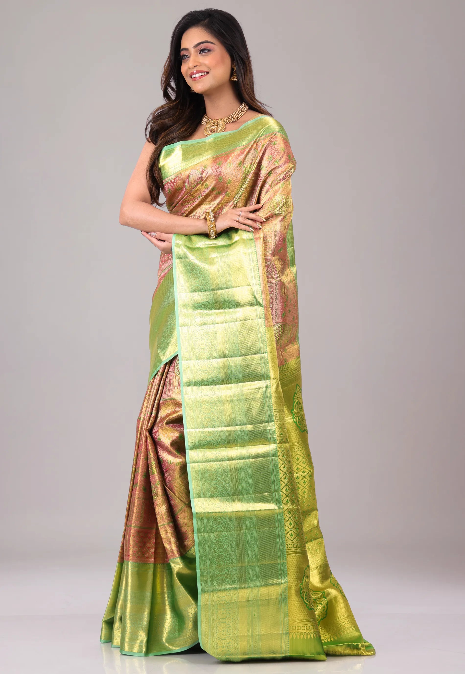 Pink with Green Border Pure Tissue Kanjivaram Silk Saree With Blouse Piece - Adi Akshoy & Co.