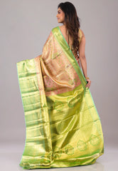 Pink with Green Border Pure Tissue Kanjivaram Silk Saree With Blouse Piece - Adi Akshoy & Co.