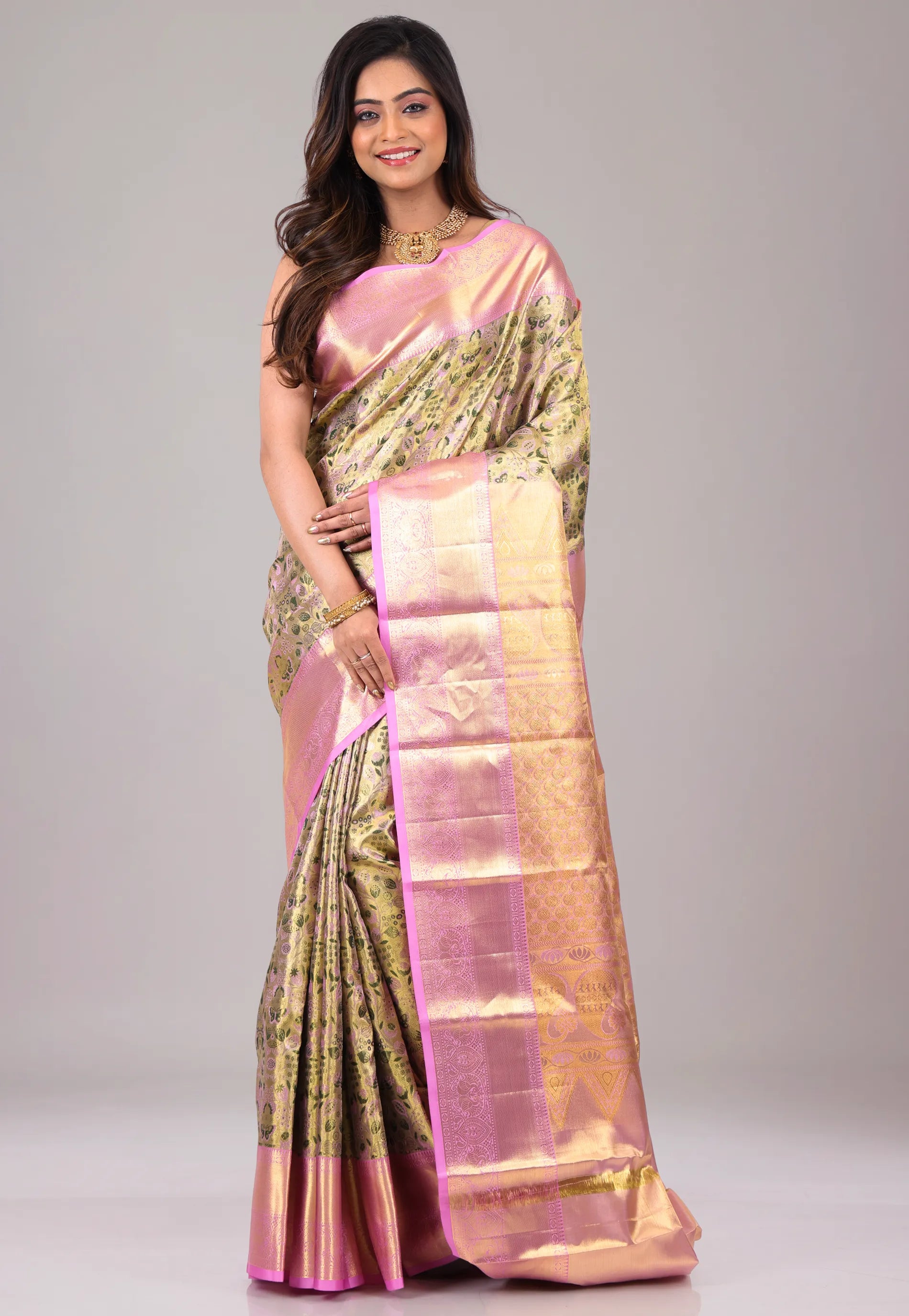 Baby Pink Pure Tissue Kanjivaram Silk Saree With Blouse Piece - Adi Akshoy & Co.
