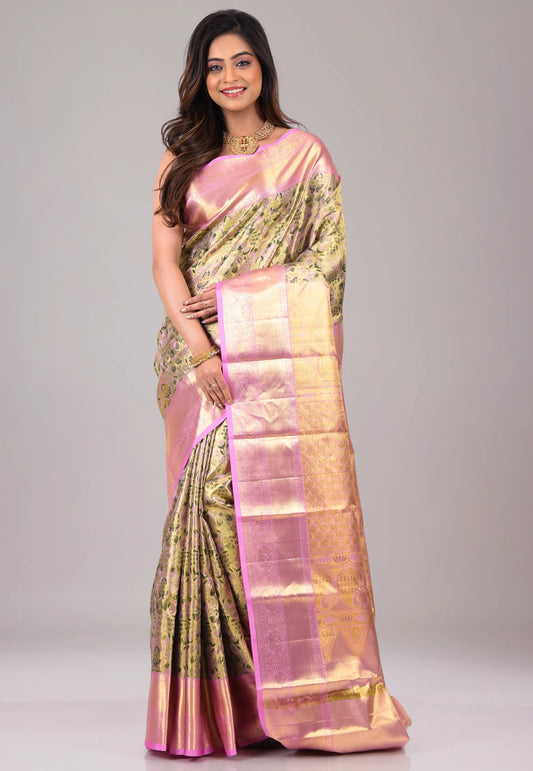 Baby Pink Pure Tissue Kanjivaram Silk Saree With Blouse Piece - Adi Akshoy & Co.