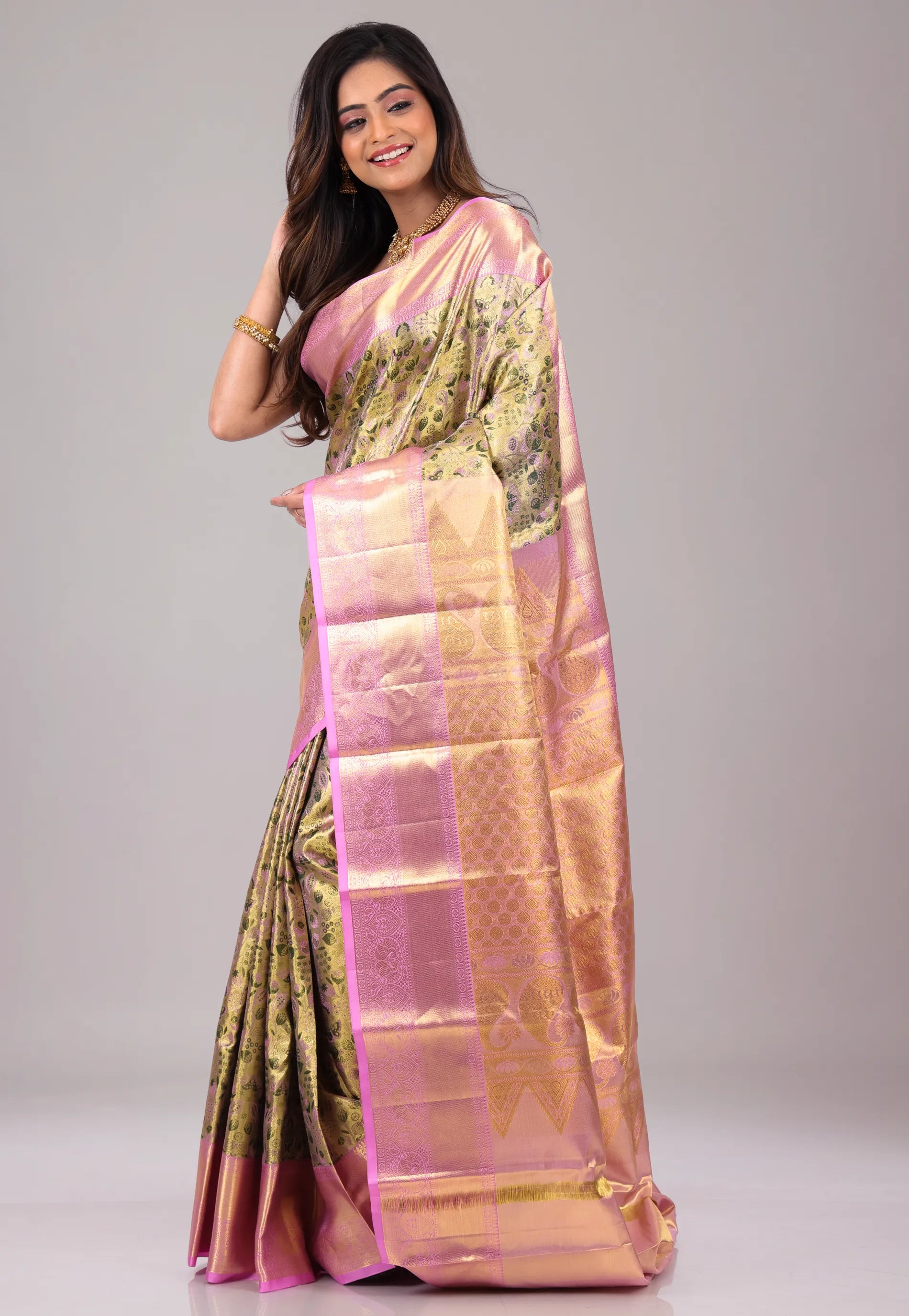 Baby Pink Pure Tissue Kanjivaram Silk Saree With Blouse Piece - Adi Akshoy & Co.