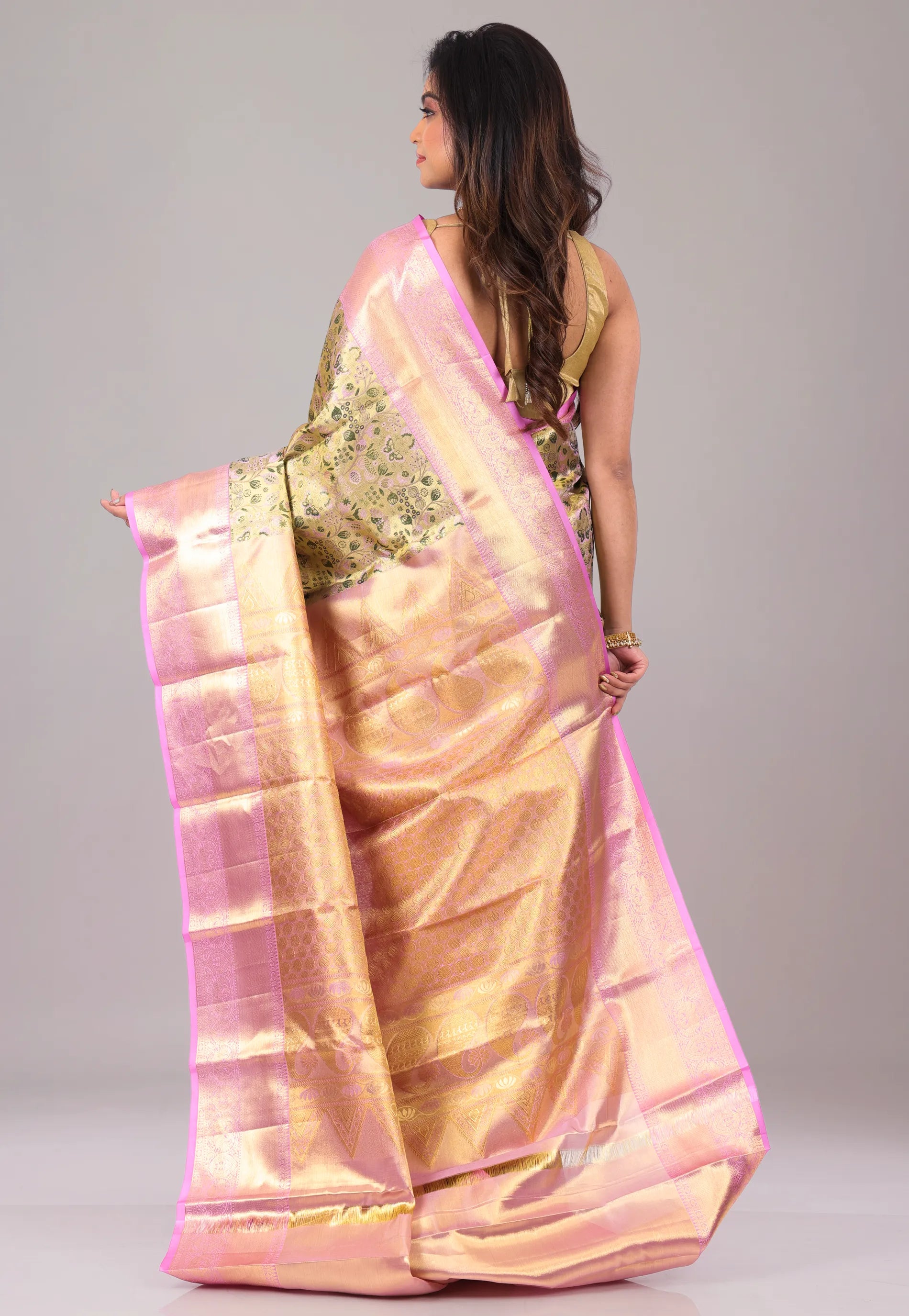 Baby Pink Pure Tissue Kanjivaram Silk Saree With Blouse Piece - Adi Akshoy & Co.