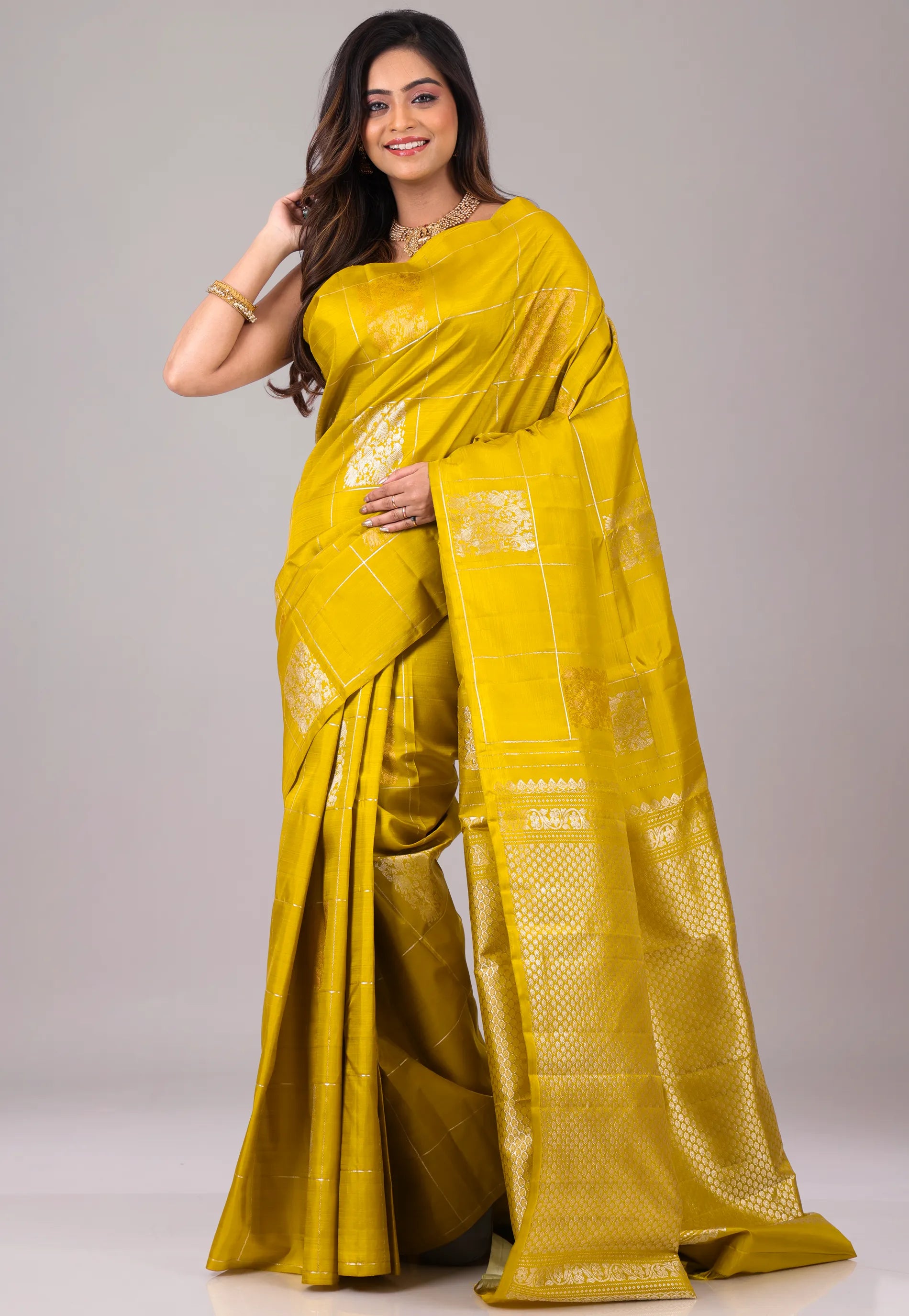 Mustard Yellow Pure Kanjivaram Silk Saree With Blouse Piece - Adi Akshoy & Co.