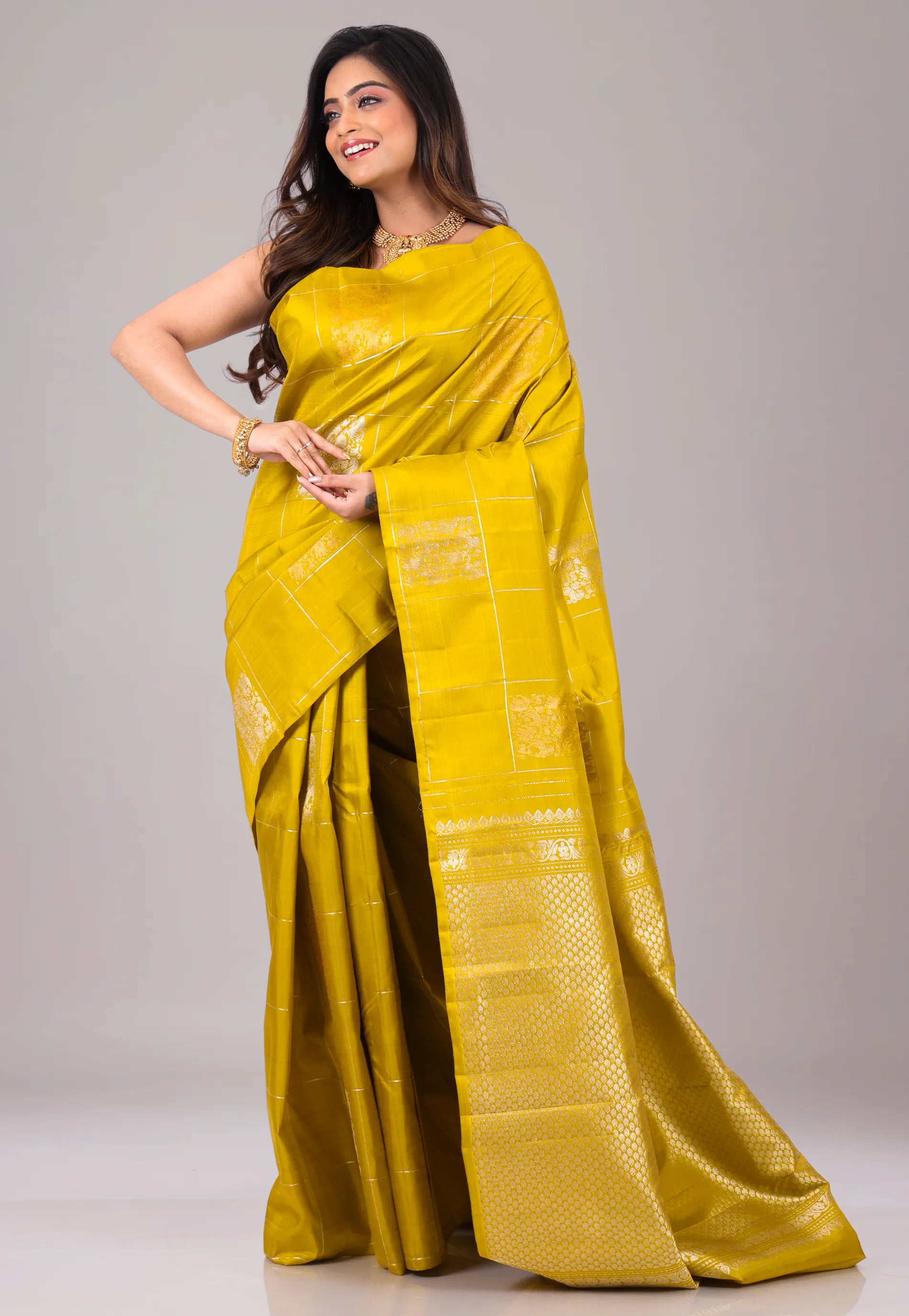 Mustard Yellow Pure Kanjivaram Silk Saree With Blouse Piece - Adi Akshoy & Co.