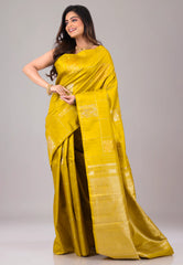 Mustard Yellow Pure Kanjivaram Silk Saree With Blouse Piece - Adi Akshoy & Co.