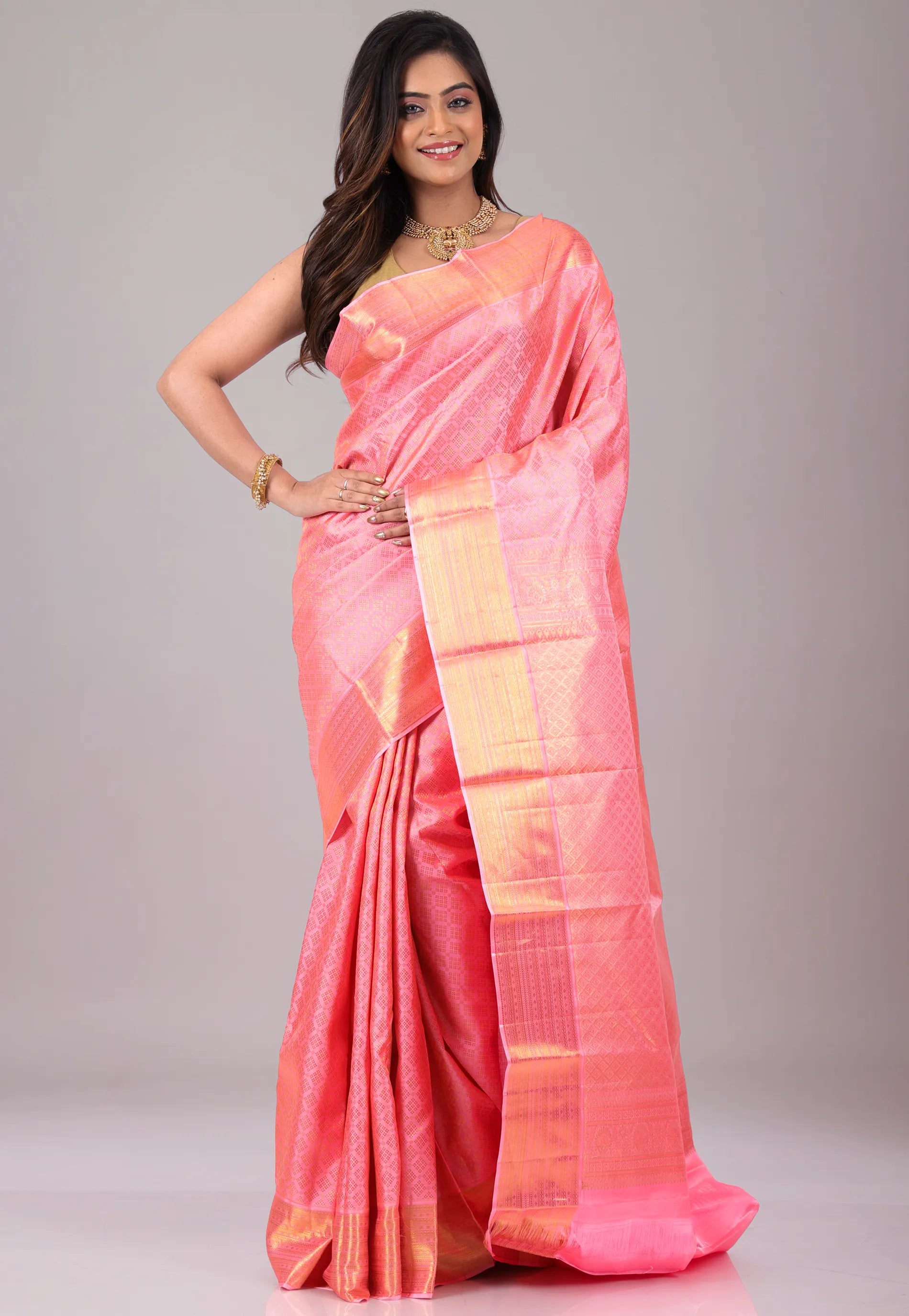 Baby Pink Pure Kanjivaram Silk Saree With Blouse Piece - Adi Akshoy & Co.