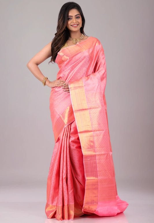 Baby Pink Pure Kanjivaram Silk Saree With Blouse Piece - Adi Akshoy & Co.