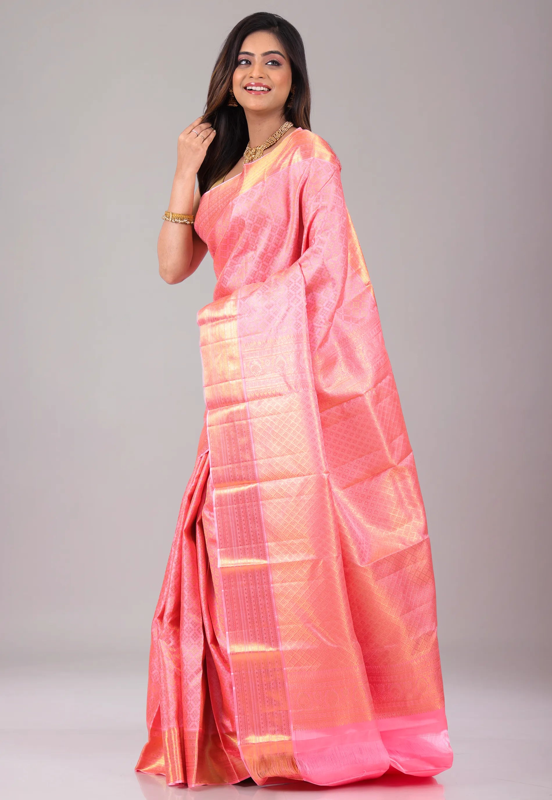 Baby Pink Pure Kanjivaram Silk Saree With Blouse Piece - Adi Akshoy & Co.