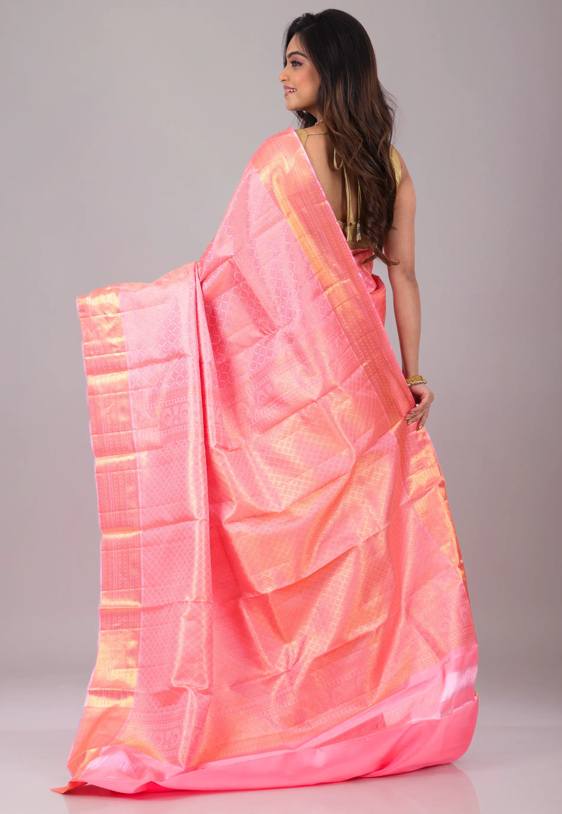 Baby Pink Pure Kanjivaram Silk Saree With Blouse Piece - Adi Akshoy & Co.