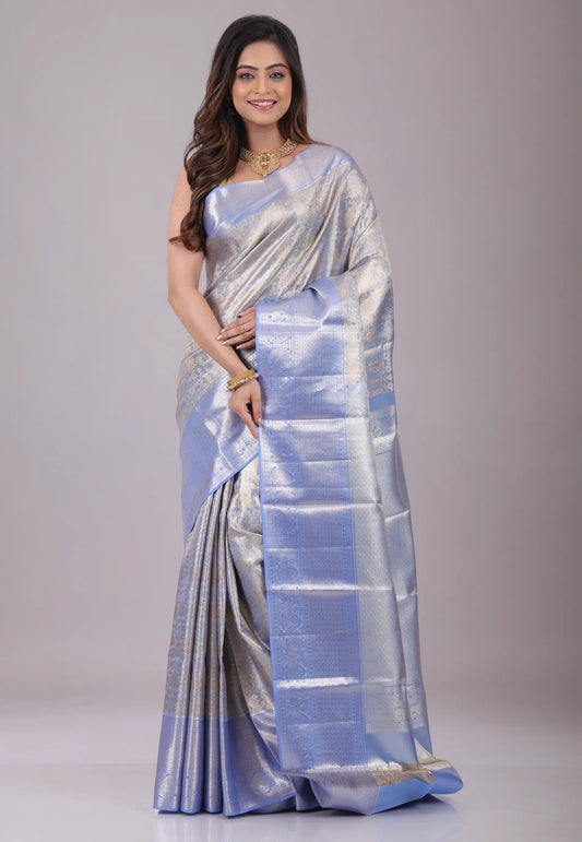 Light Blue with Zari Work Pure Tissue Kanjivaram Silk Saree With Blouse Piece - Adi Akshoy & Co.