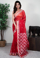 Red Kora Handloom Saree With Blouse Piece - Adi Akshoy & Co.
