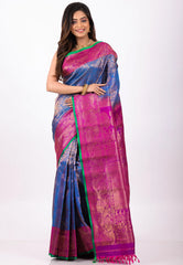 Blue with Magenta Border Pure Gadwal Silk Saree With Blouse Piece - Adi Akshoy & Co.