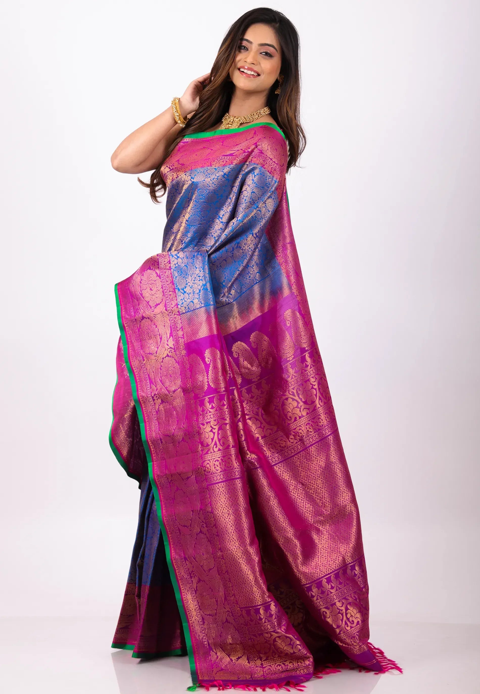 Blue with Magenta Border Pure Gadwal Silk Saree With Blouse Piece - Adi Akshoy & Co.