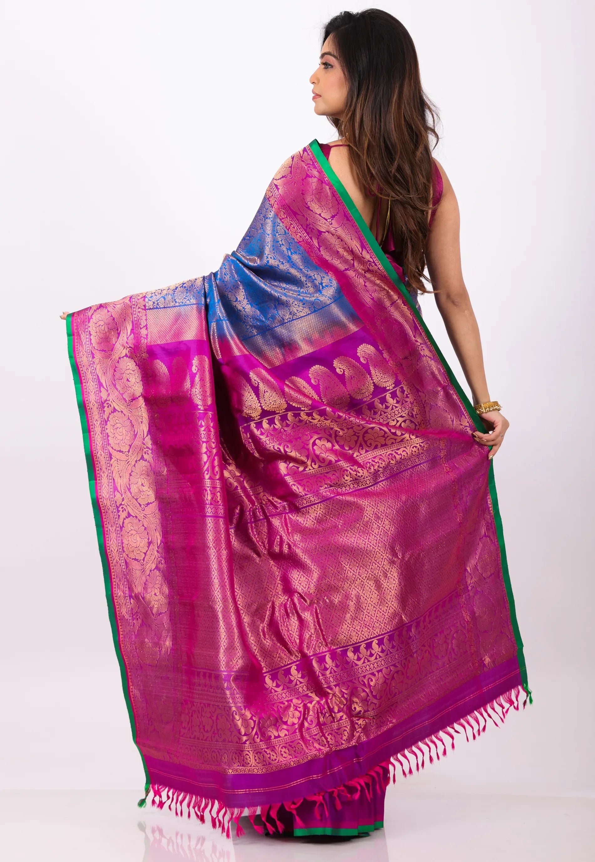 Blue with Magenta Border Pure Gadwal Silk Saree With Blouse Piece - Adi Akshoy & Co.