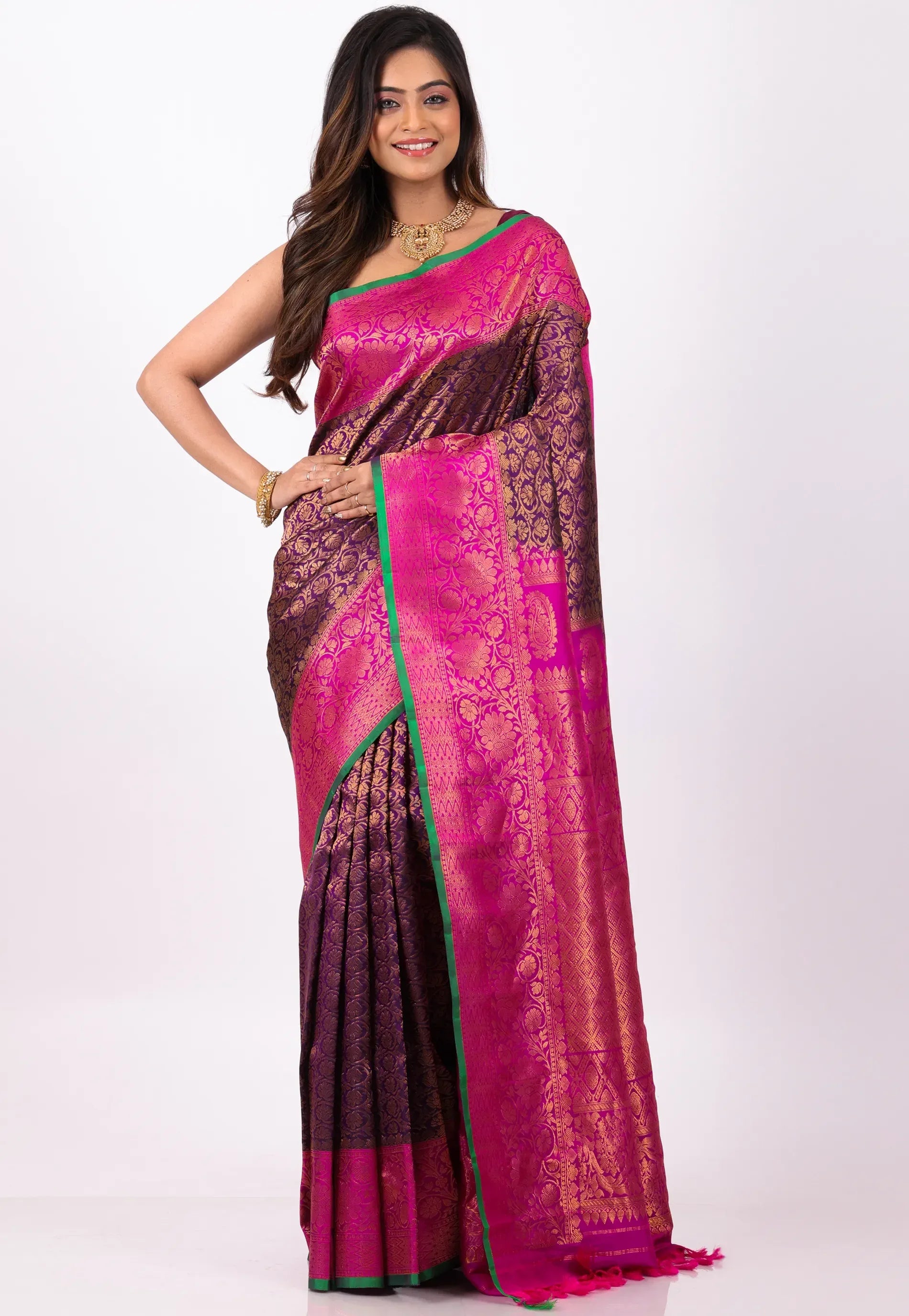 Purple with Magenta Border Pure Gadwal Silk Saree With Blouse Piece - Adi Akshoy & Co.