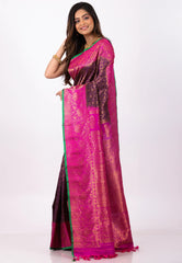 Purple with Magenta Border Pure Gadwal Silk Saree With Blouse Piece - Adi Akshoy & Co.