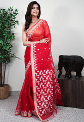 Red Kora Handloom Saree With Blouse Piece - Adi Akshoy & Co.