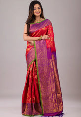 Red with Purple Border Pure Gadwal Silk Saree With Blouse Piece - Adi Akshoy & Co.