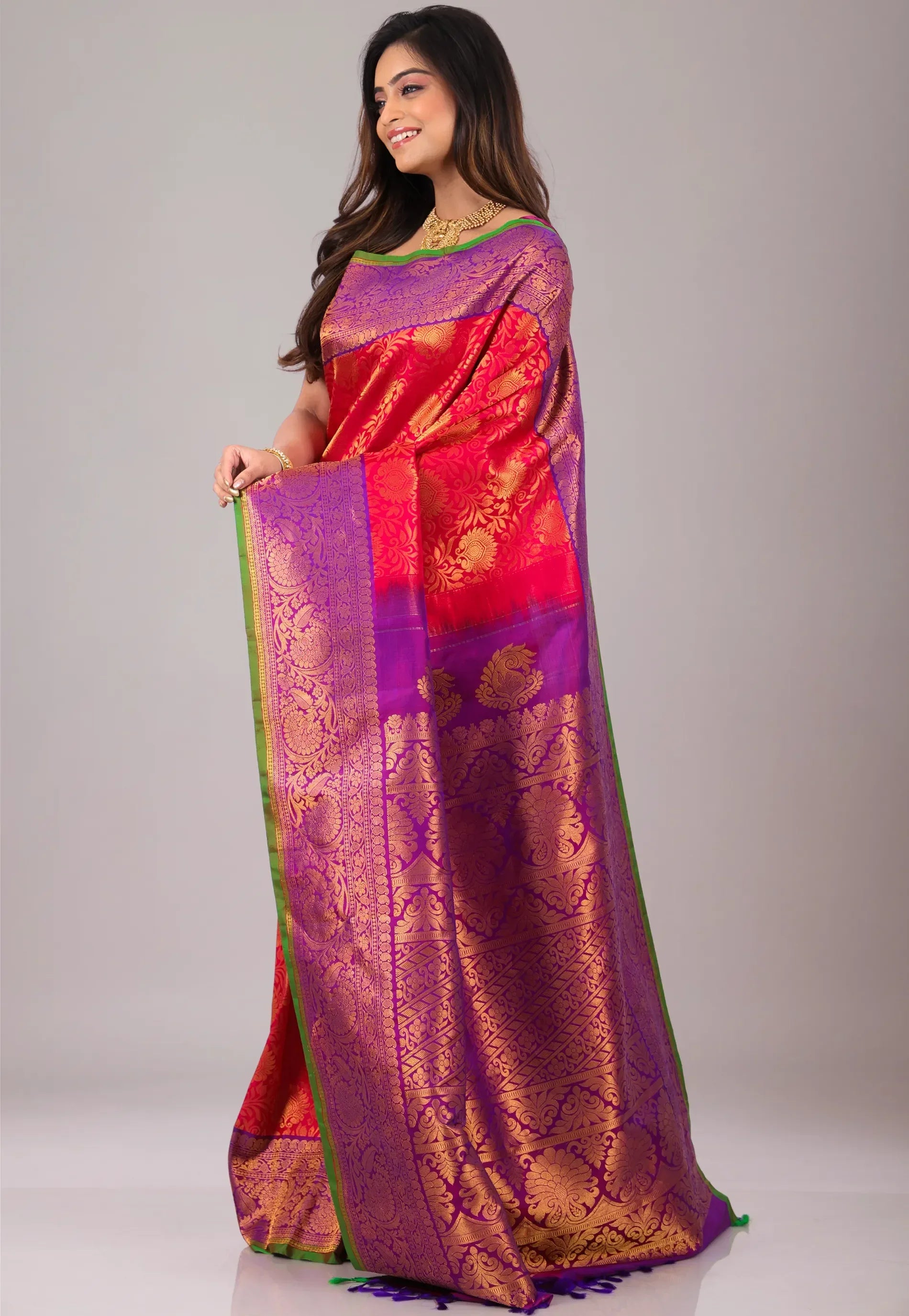 Red with Purple Border Pure Gadwal Silk Saree With Blouse Piece - Adi Akshoy & Co.