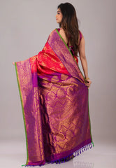 Red with Purple Border Pure Gadwal Silk Saree With Blouse Piece - Adi Akshoy & Co.