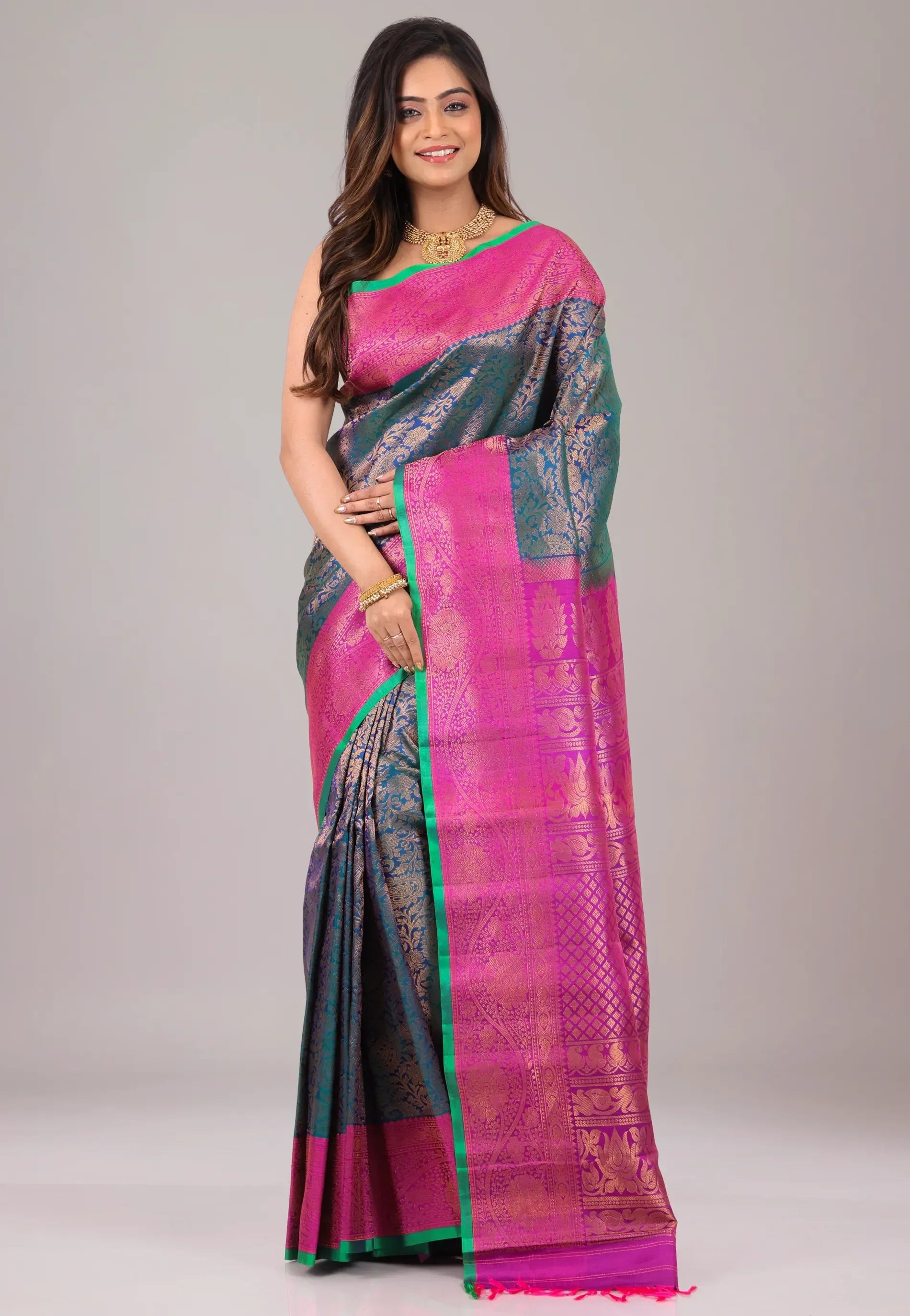 Blue with magenta Border Pure Gadwal Silk Saree With Blouse Piece - Adi Akshoy & Co.