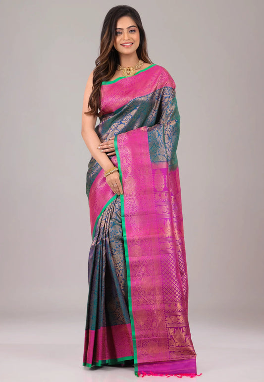 Blue with magenta Border Pure Gadwal Silk Saree With Blouse Piece - Adi Akshoy & Co.