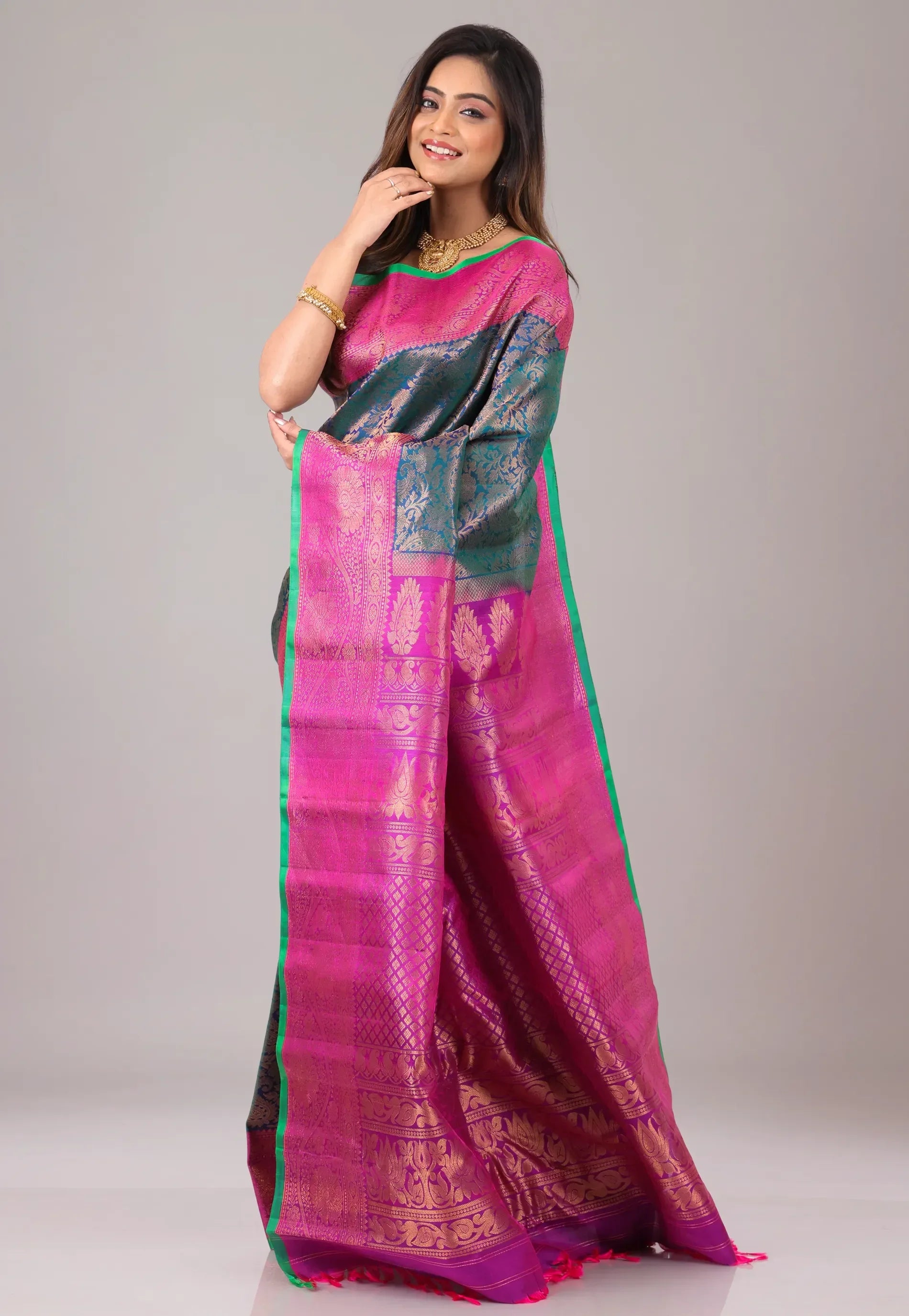 Blue with magenta Border Pure Gadwal Silk Saree With Blouse Piece - Adi Akshoy & Co.