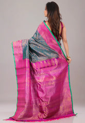 Blue with magenta Border Pure Gadwal Silk Saree With Blouse Piece - Adi Akshoy & Co.