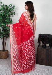 Red Kora Handloom Saree With Blouse Piece - Adi Akshoy & Co.