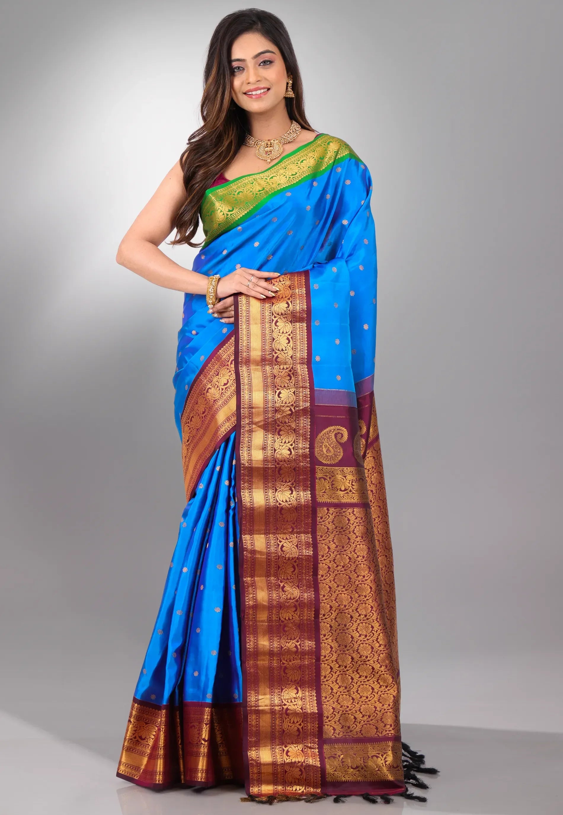 Blue with Green & Maroon Border Pure Gadwal Silk Saree With Blouse Piece - Adi Akshoy & Co.